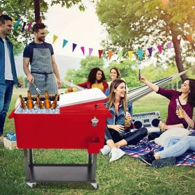 80 Quart Rolling Cooler Cart Portable Patio Party Beverage Ice Chest with Shelf and Bottle Opener Outdoor Drink Cooler Trolley for Backyard BBQ P (Color: Red)